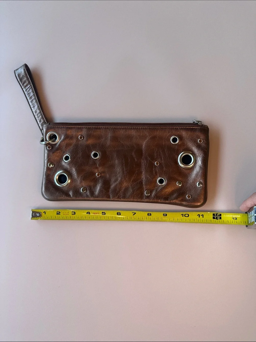 HOBO Brown bronze Leather Wristlet Clutch with Grommet Accents